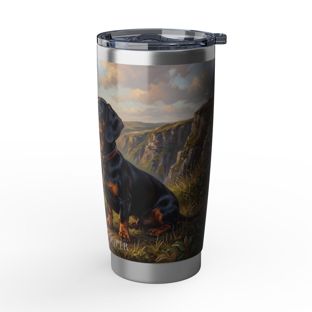 Dachshund Coastal Cliffs Stainless Tumbler — 20 oz Personalized Travel Mug with Seaside Landscape Design