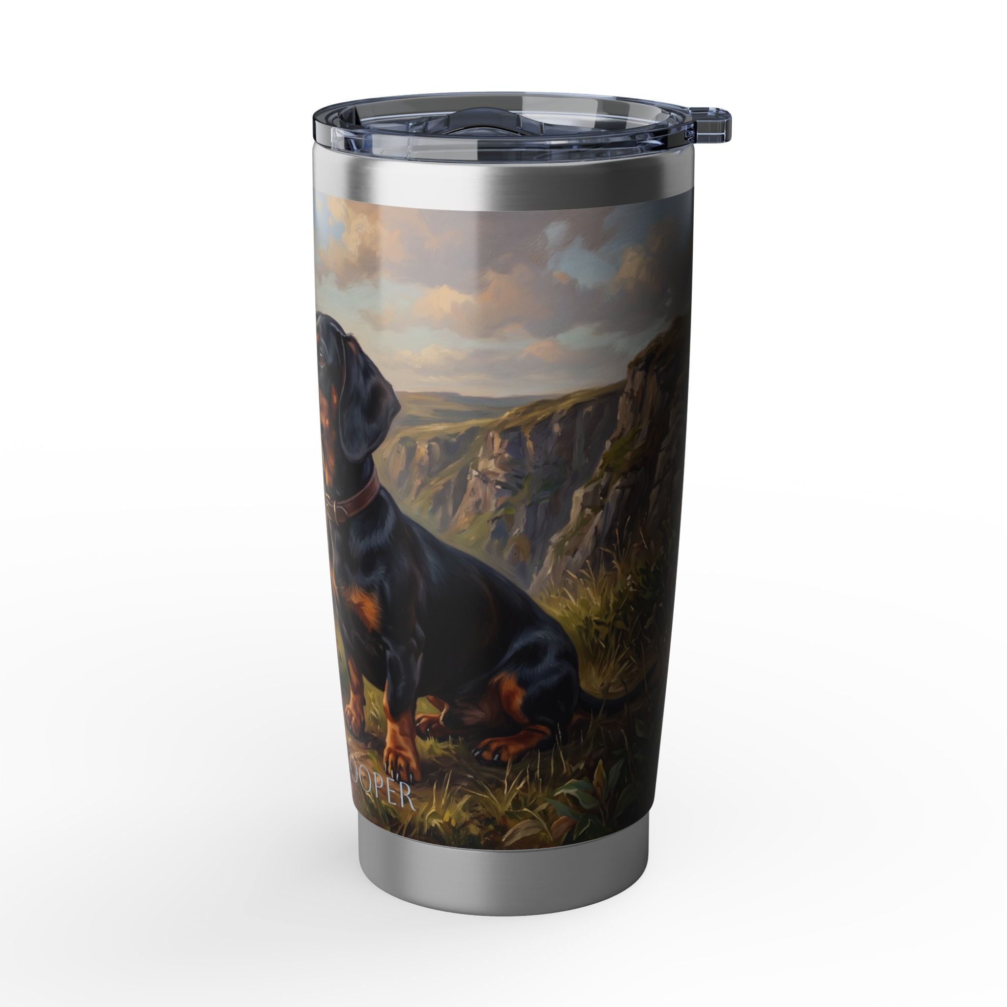 Dachshund Coastal Cliffs Stainless Tumbler — 20 oz Personalized Travel Mug with Seaside Landscape Design