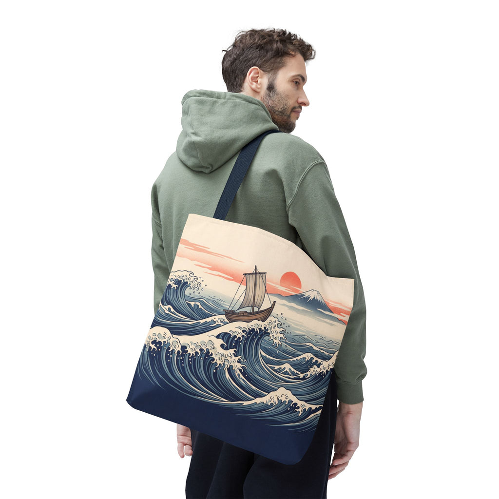 Japanese Wave Sailboat Tote Bag – Woodblock Style Ocean Beach Bag