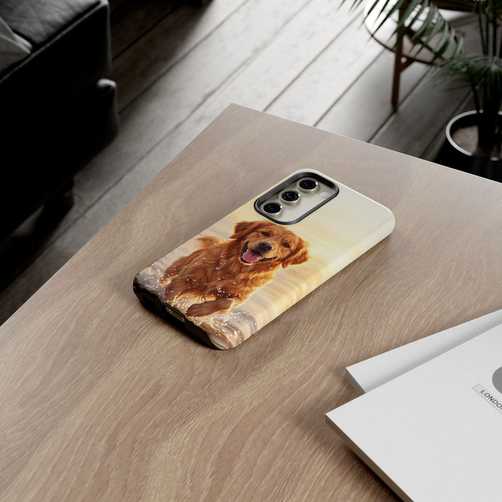 Golden Retriever Splashing in Water Phone Case | Joyful Dog at Golden Hour | iPhone & Samsung