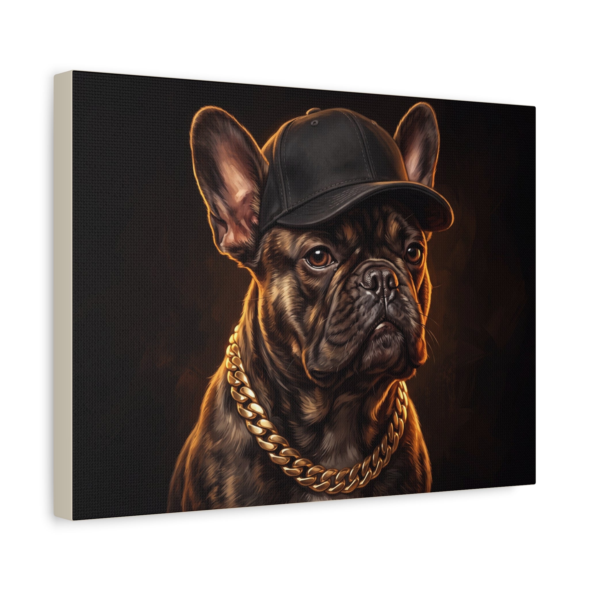 French Bulldog Portrait Canvas Print — Hip Hop Dog with Cap & Gold Chain