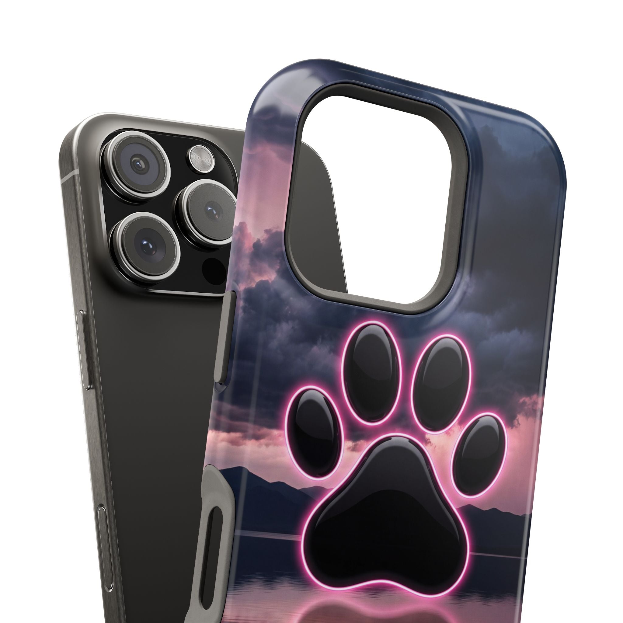 Neon Paw Print Phone Case — Impact-Resistant Wireless Charging Cover