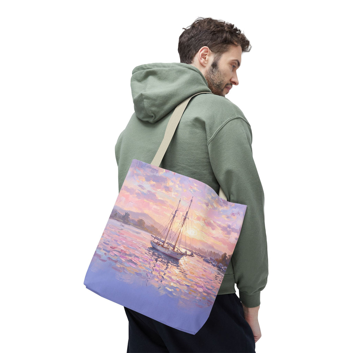 Pastel Sailboat Tote Bag – Impressionist Sunset Harbor Beach Bag