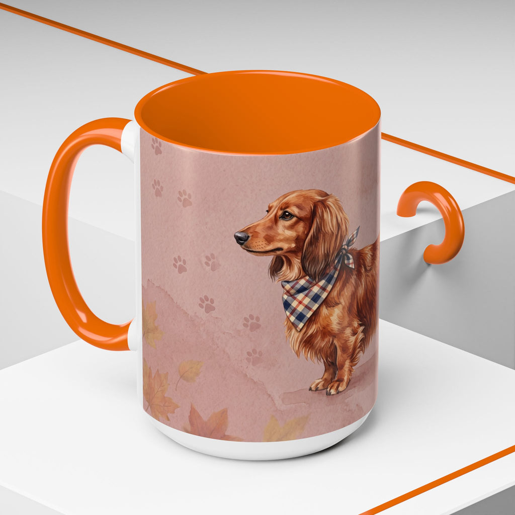 Dachshund Lover Mug | Long-Haired Wiener Dog with Plaid Bandana, Dusty Rose Watercolor Dog Gift