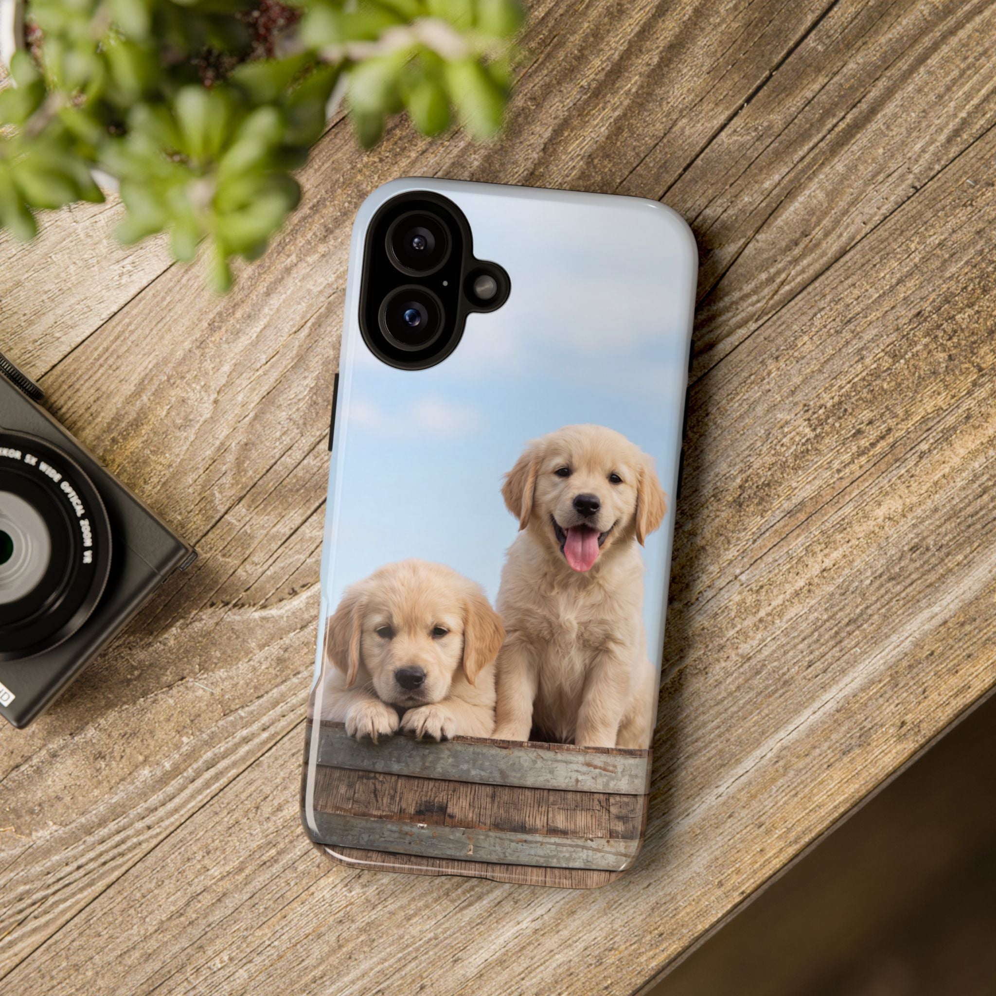 Golden Retriever Puppies on Barrel Phone Case | Cute Duo Under Blue Sky | iPhone & Samsung