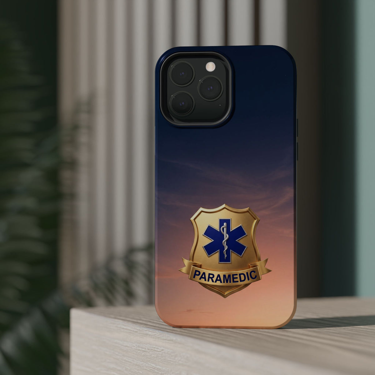 Gold Paramedic Badge Sunset Sky Phone Case — Magnetic Wireless Charging Cover