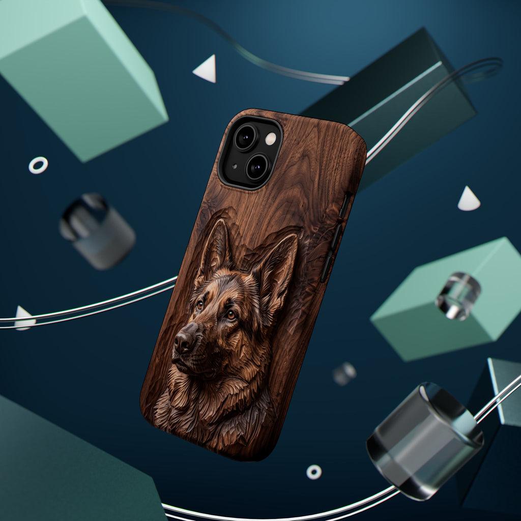 German Shepherd Phone Case | Carved Walnut Art — Tough Magnetic Case with Wireless Charging
