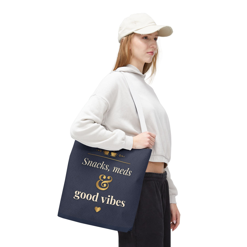 Snacks Meds & Good Vibes Tote | Funny Nurse Gift Tote Bag | Healthcare Worker Humour Gift | Premium Polyester Carry-All