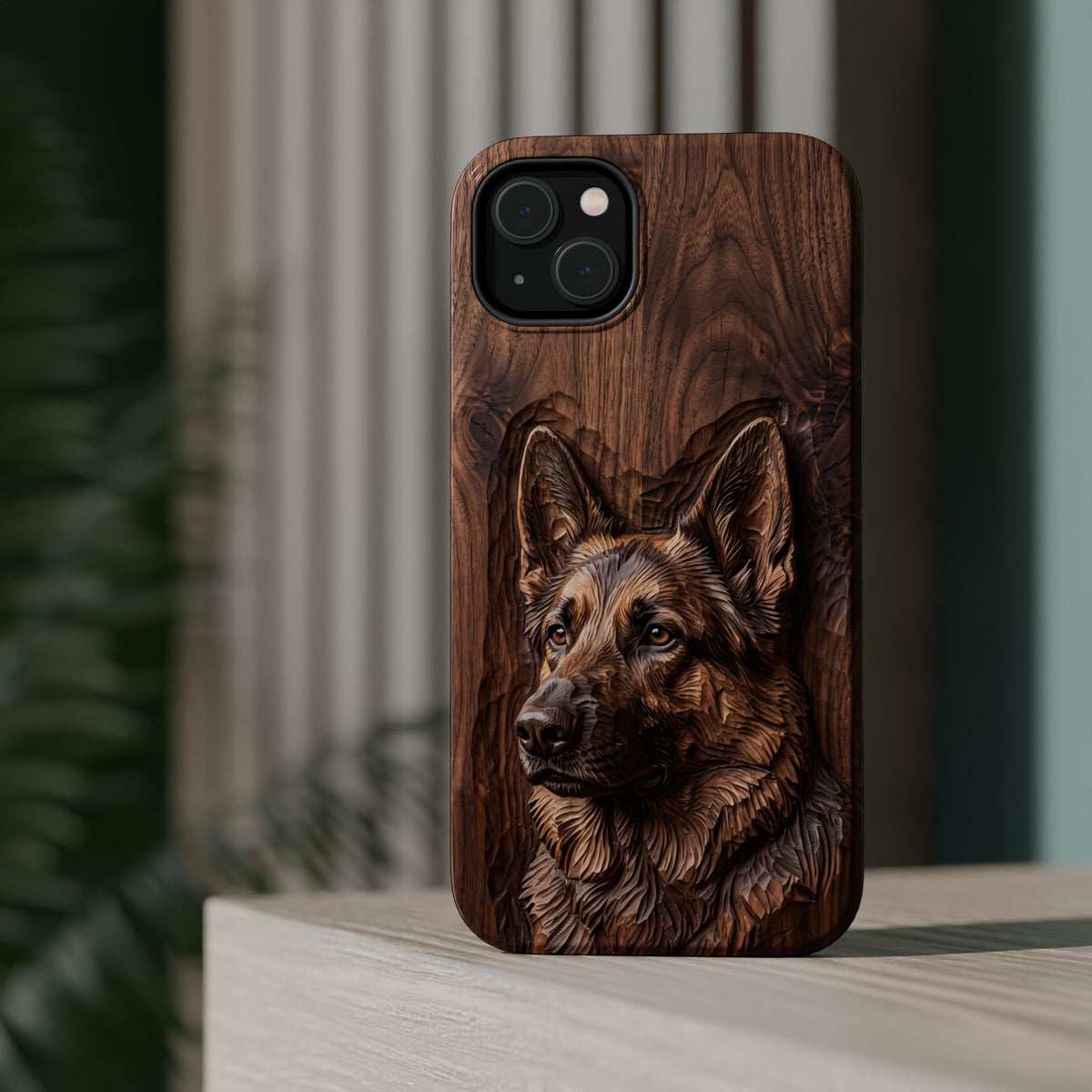 German Shepherd Phone Case | Carved Walnut Art — Tough Magnetic Case with Wireless Charging