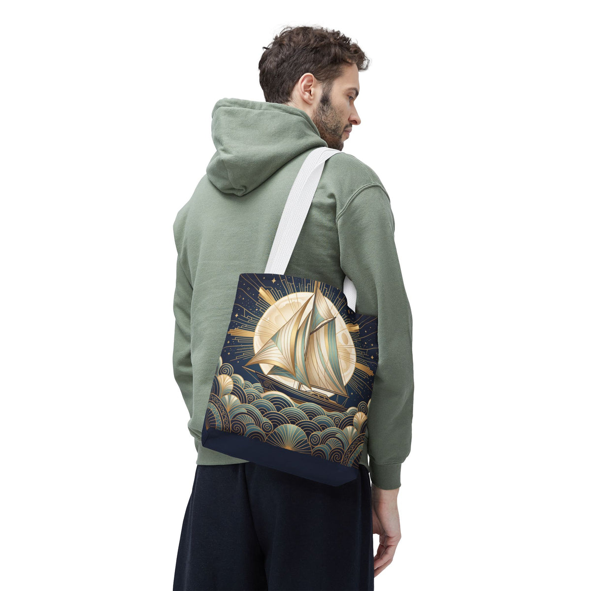 Art Deco Moonlit Sailboat Tote Bag – Starry Night Nautical Beach Bag