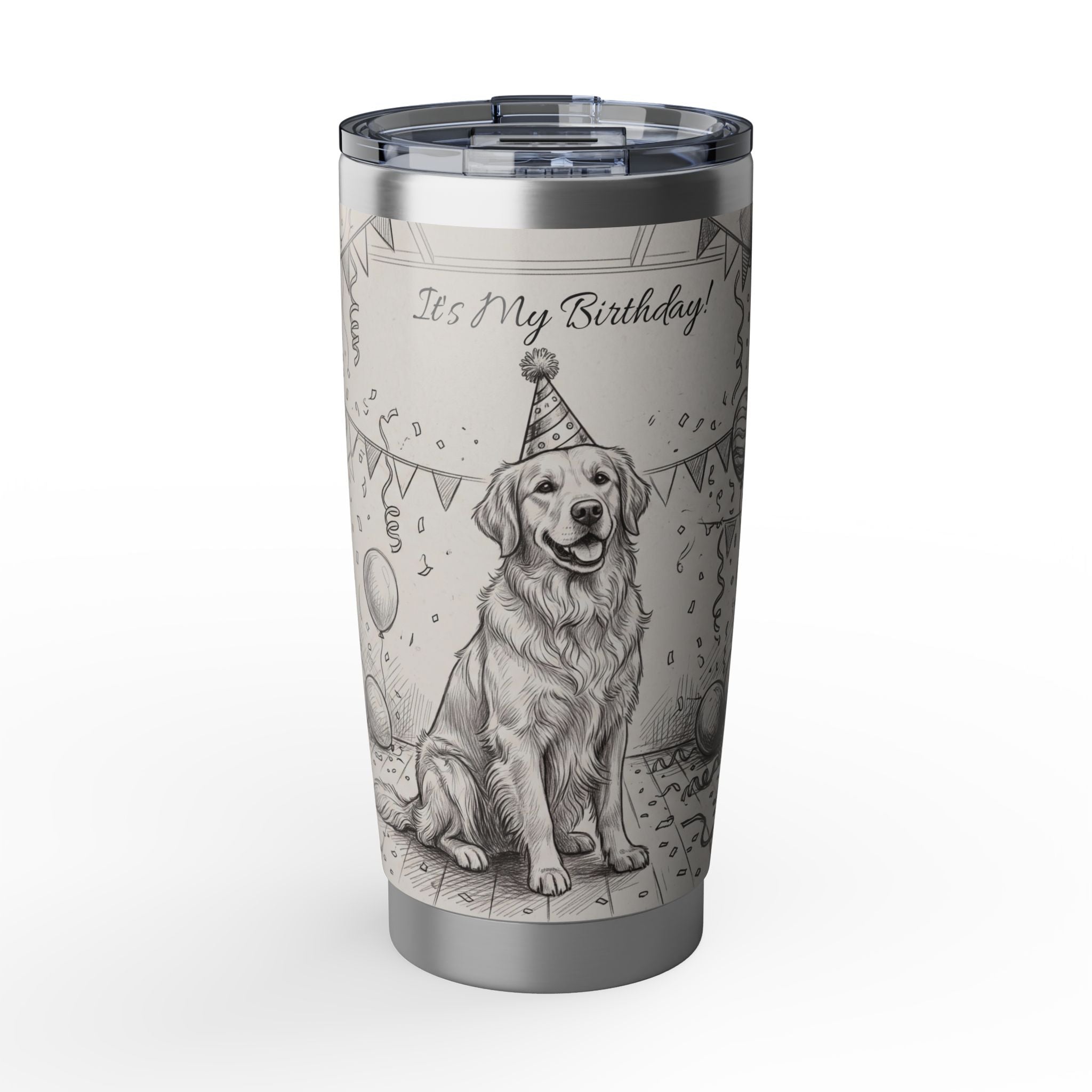 Golden Retriever Tumbler Personalized – 20 oz Stainless Steel Travel Mug with Custom Name, Birthday Celebration Design