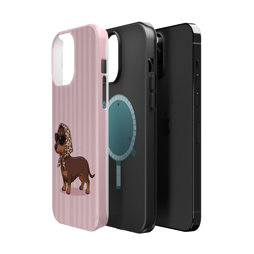 Glam Dachshund Phone Case | Cute Sausage Dog in Leopard Scarf & Sunglasses | Pink Stripe Case for iPhone & Samsung