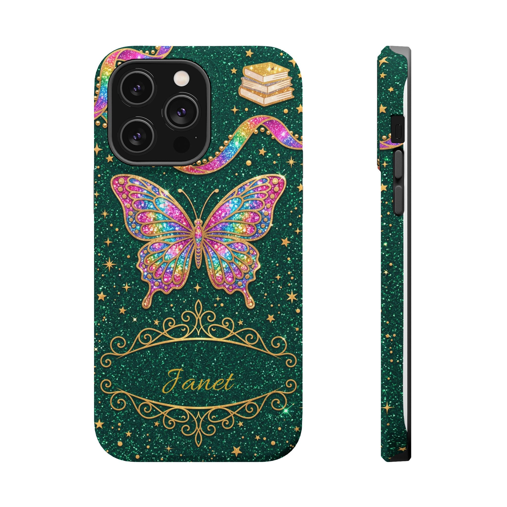 Rainbow Glitter Butterfly Personalized Teacher Phone Case — Wireless Charging Cover