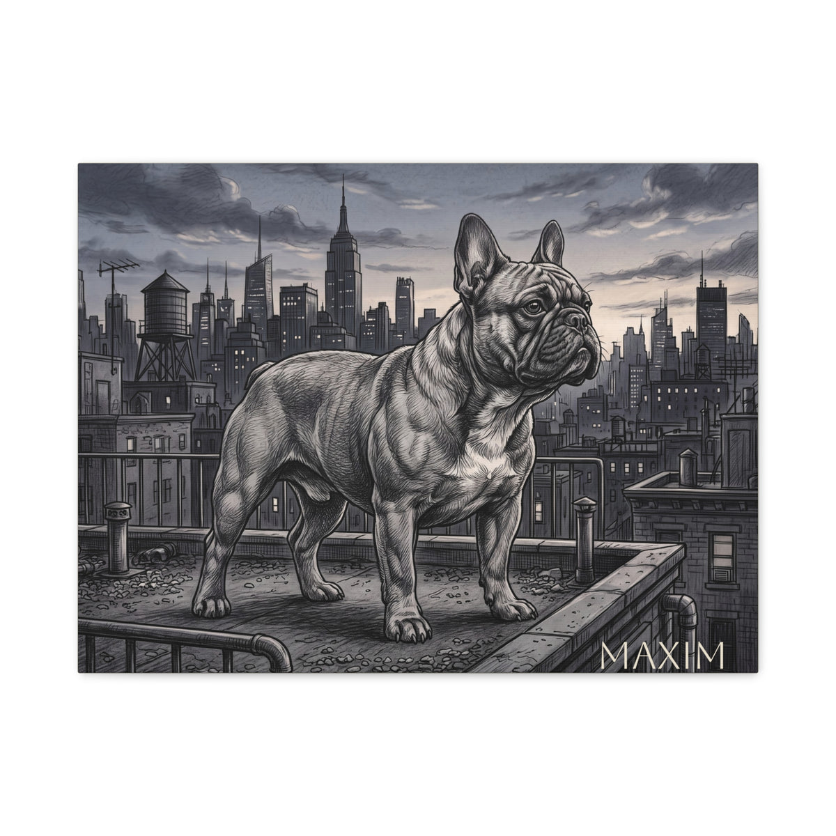 French Bulldog City Rooftop Sketch Personalized Canvas | Urban Skyline Wall Art