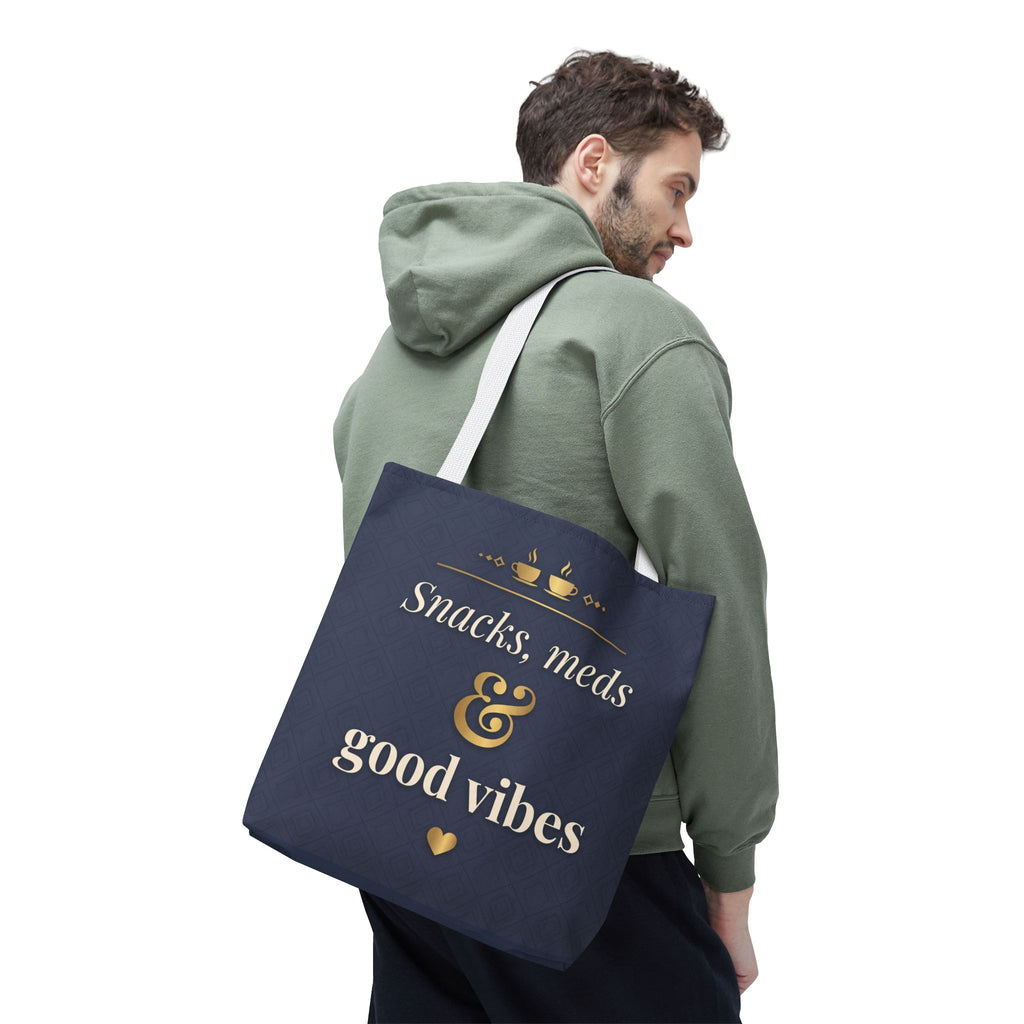Snacks Meds & Good Vibes Tote | Funny Nurse Gift Tote Bag | Healthcare Worker Humour Gift | Premium Polyester Carry-All