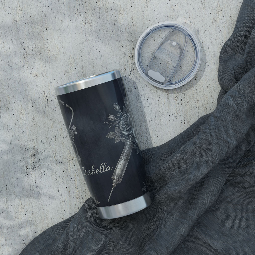Personalized Stethoscope Tumbler – Custom Name Platinum Floral Design 20 oz