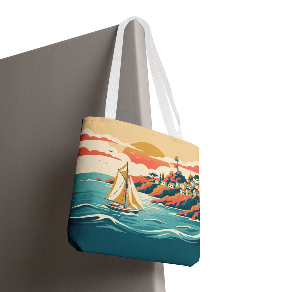Coastal Lighthouse Sailboat Tote Bag – Retro Seaside Sunset Beach Bag