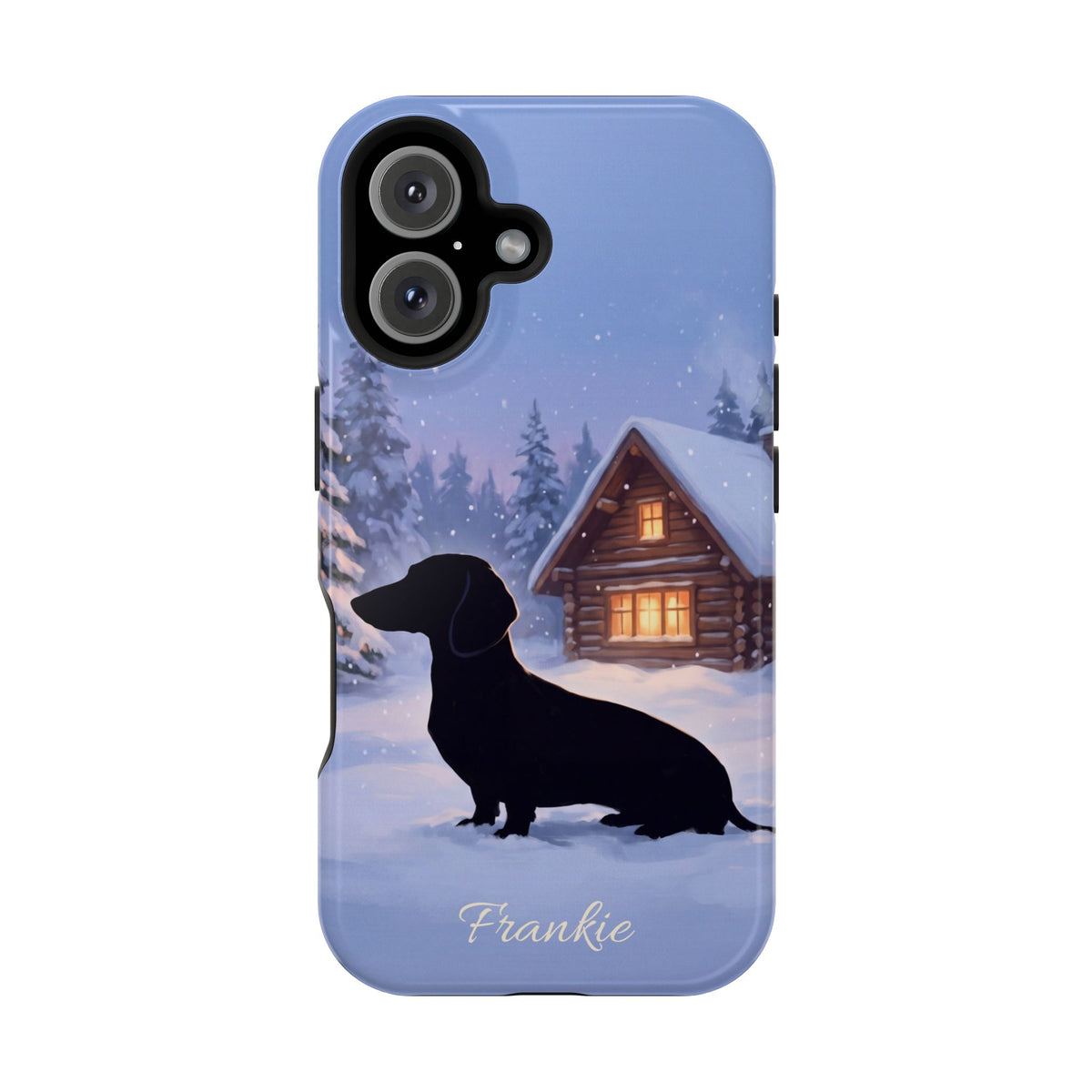 Personalized Dachshund Winter Cabin Phone Case — Wireless Charging Cover