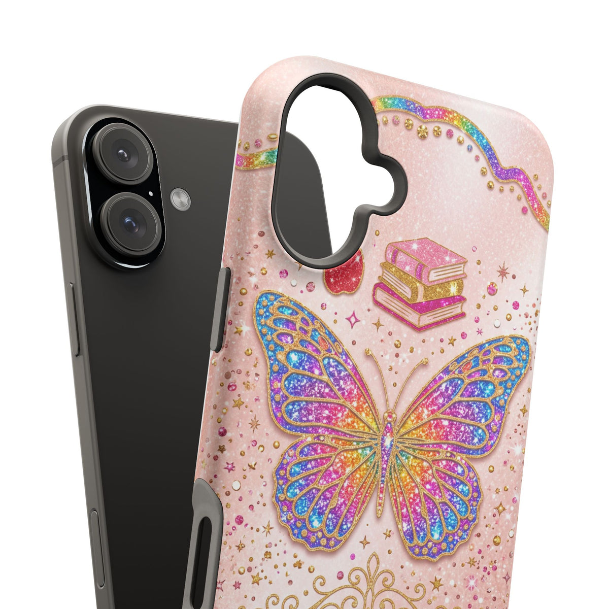 Blush Glitter Butterfly Personalized Teacher Phone Case — Wireless Charging Cover