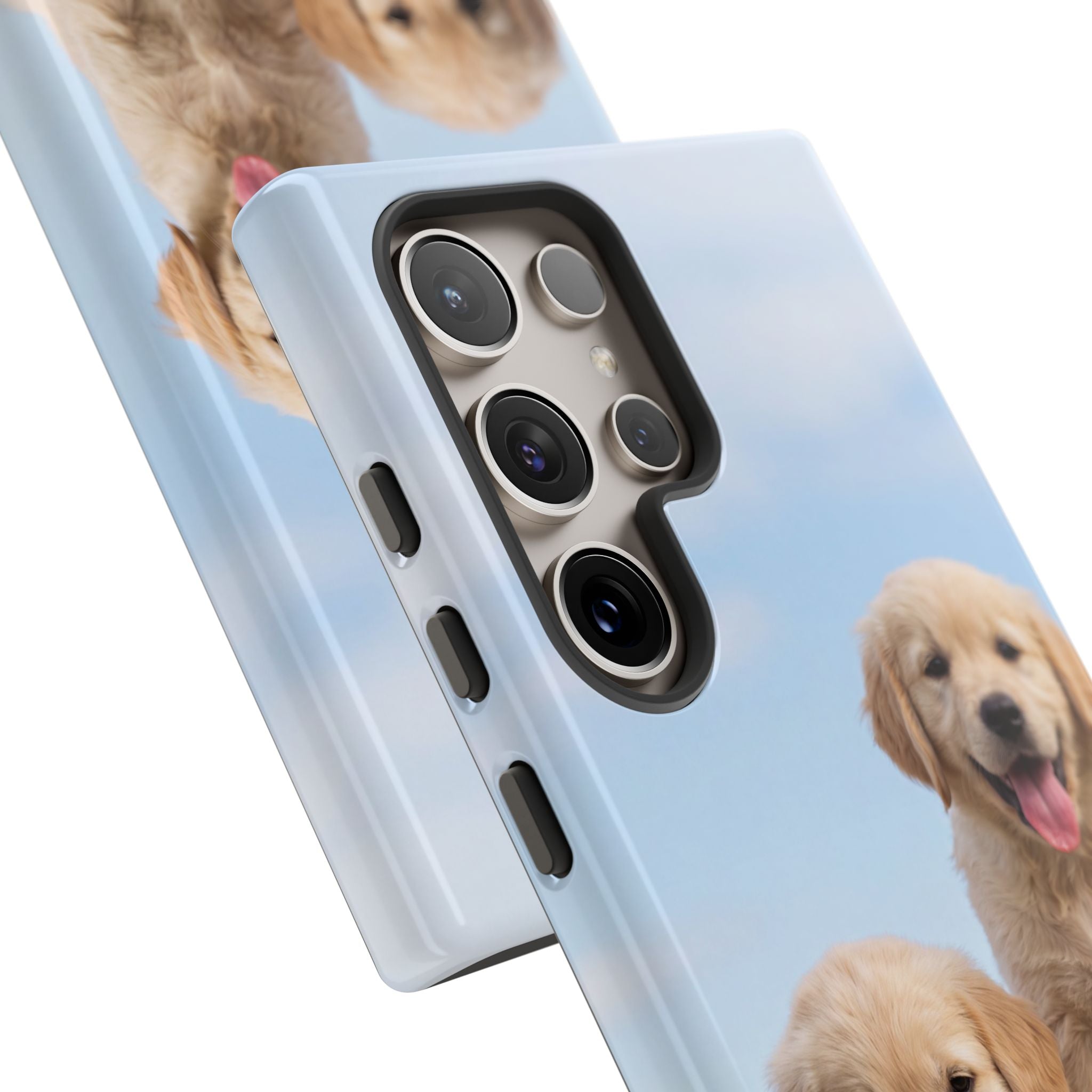 Golden Retriever Puppies on Barrel Phone Case | Cute Duo Under Blue Sky | iPhone & Samsung