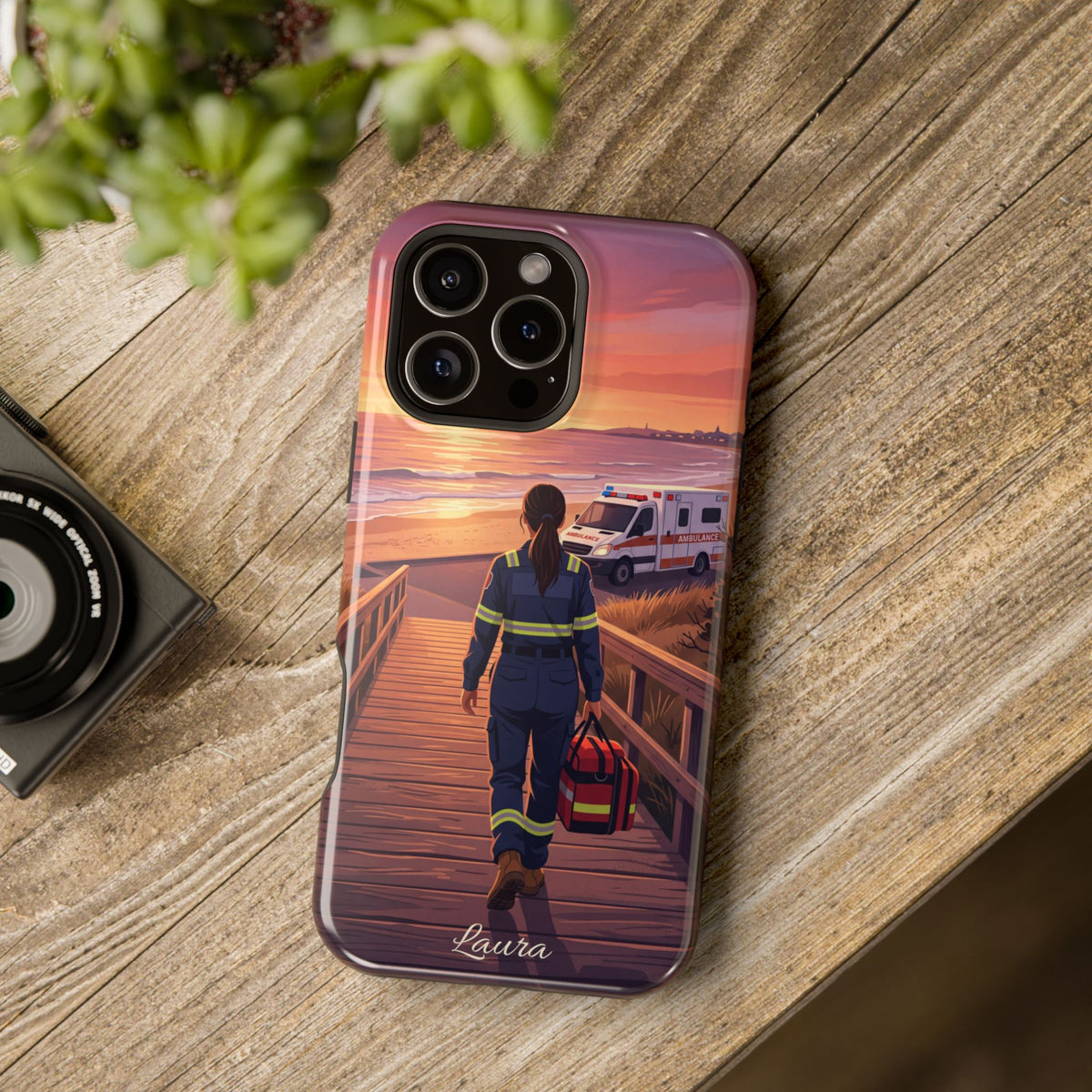 Sunset Boardwalk Personalized Paramedic Phone Case — Wireless Charging Cover