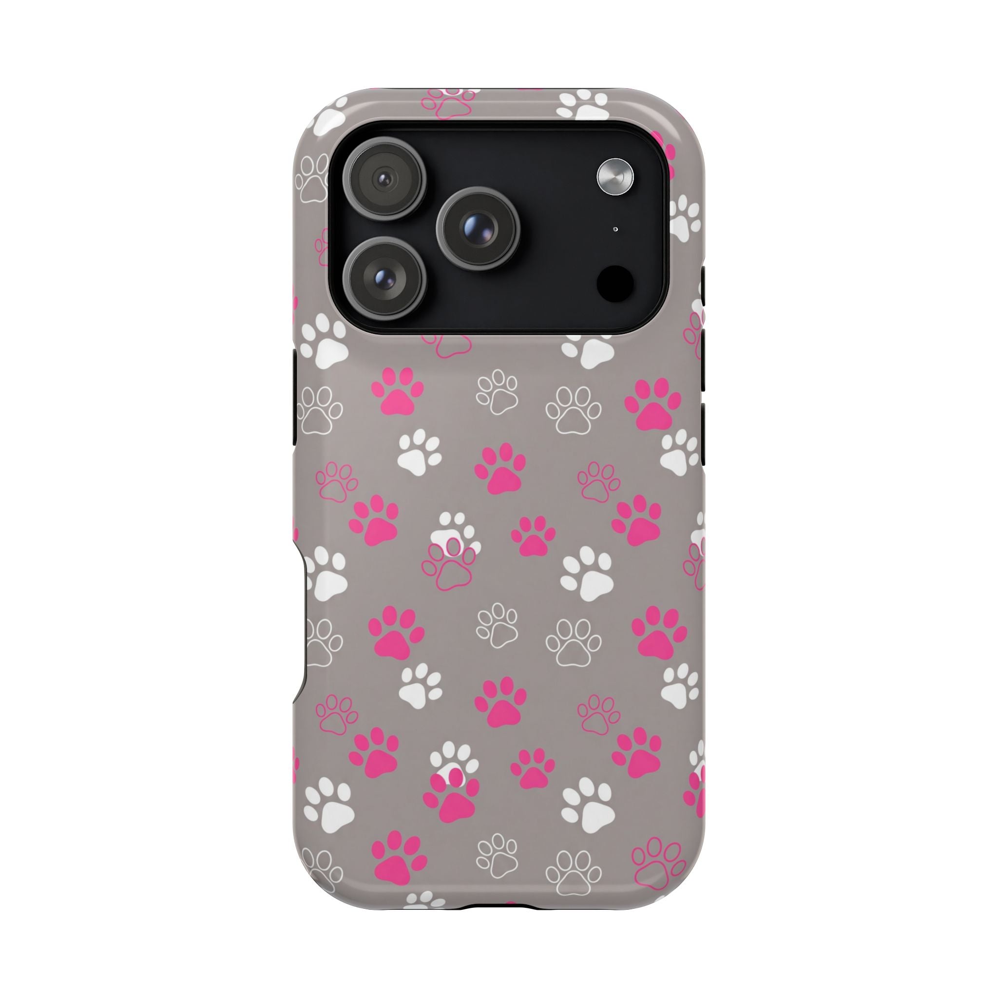 Pink & White Paw Print Phone Case — Impact-Resistant Wireless Charging Cover