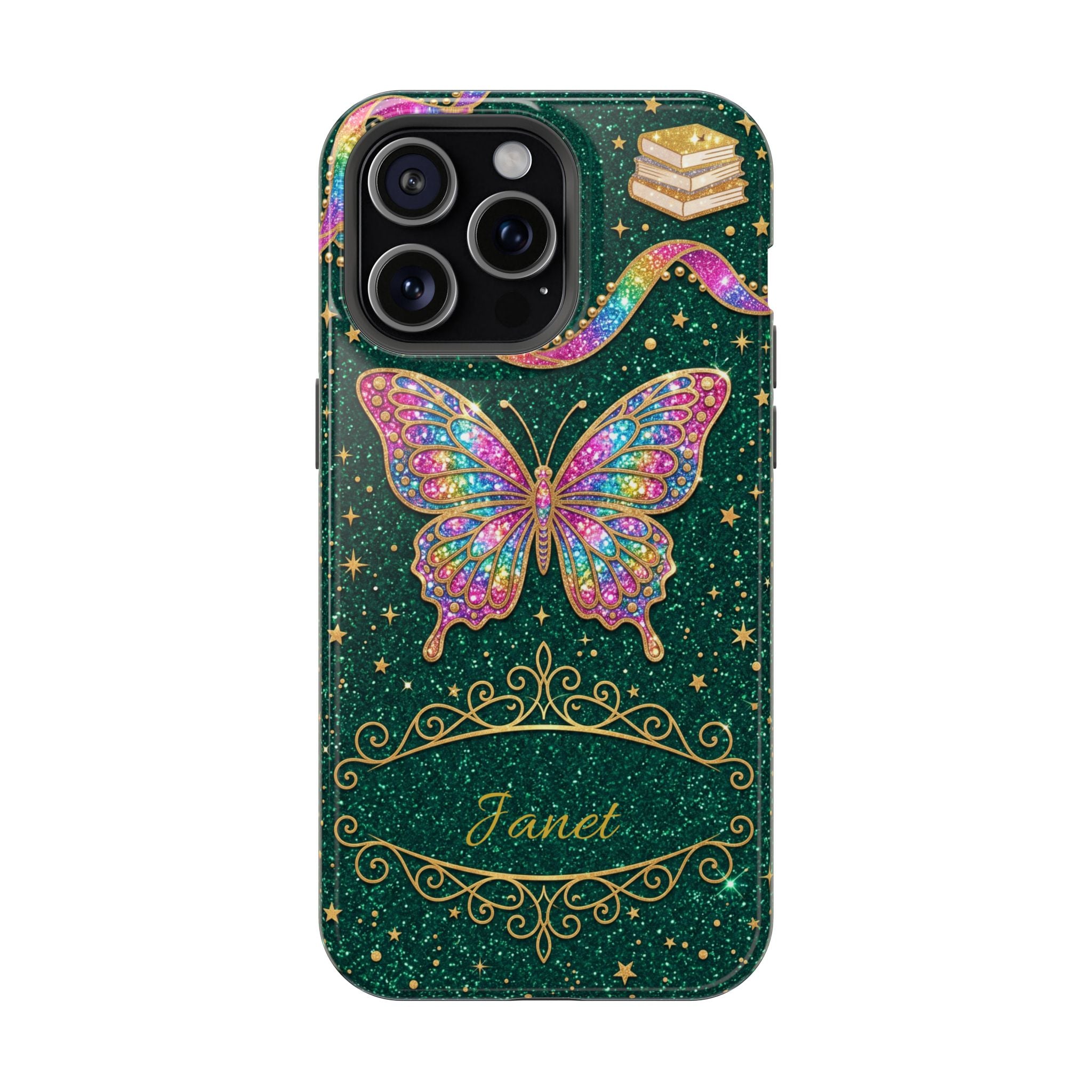 Rainbow Glitter Butterfly Personalized Teacher Phone Case — Wireless Charging Cover