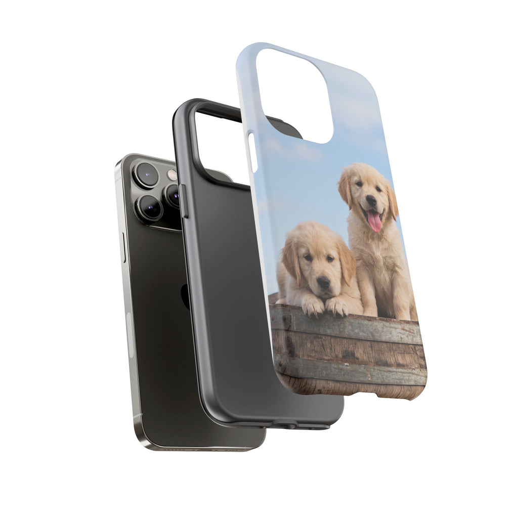 Golden Retriever Puppies on Barrel Phone Case | Cute Duo Under Blue Sky | iPhone & Samsung
