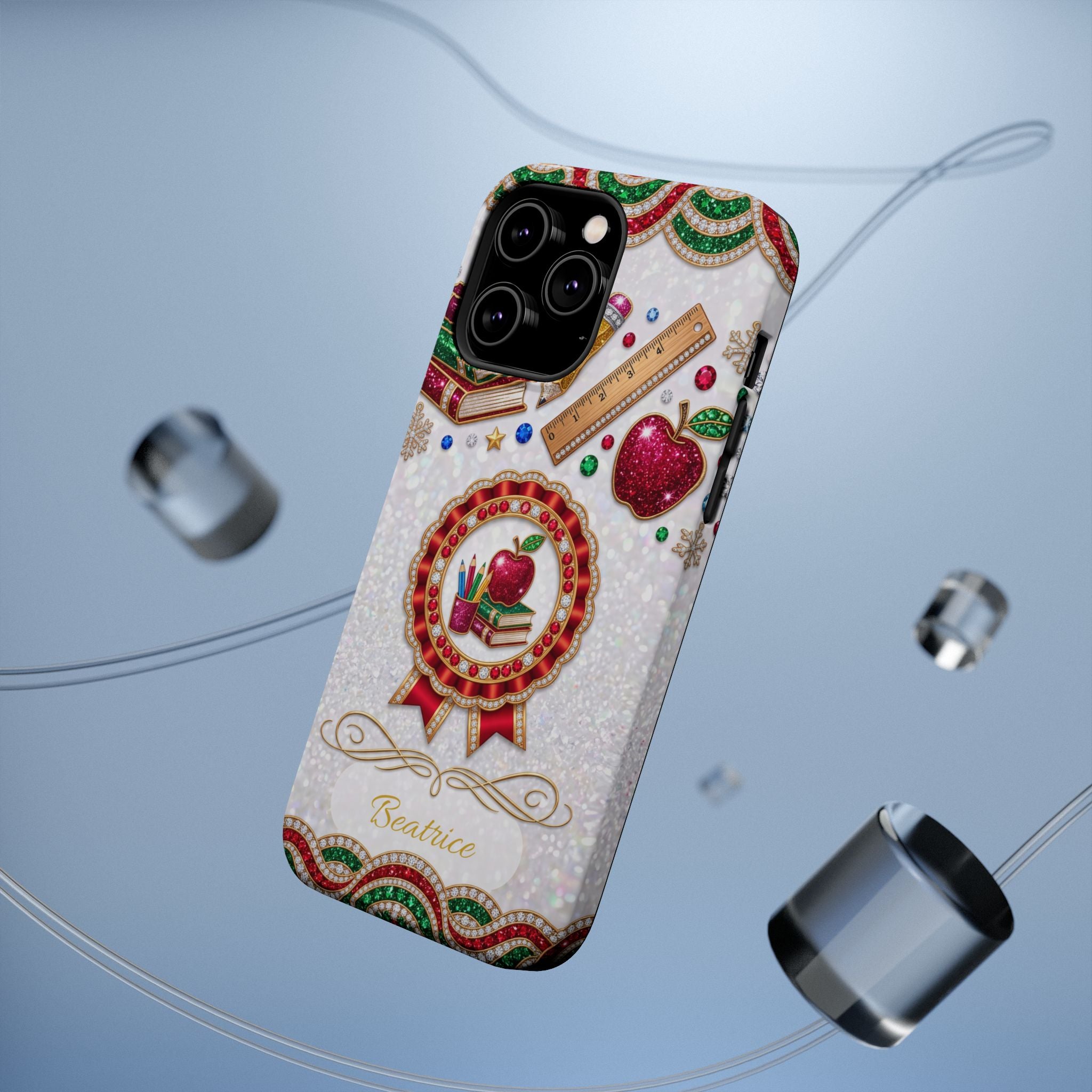 Jeweled Apple Medallion Personalized Teacher Phone Case — Wireless Charging Cover