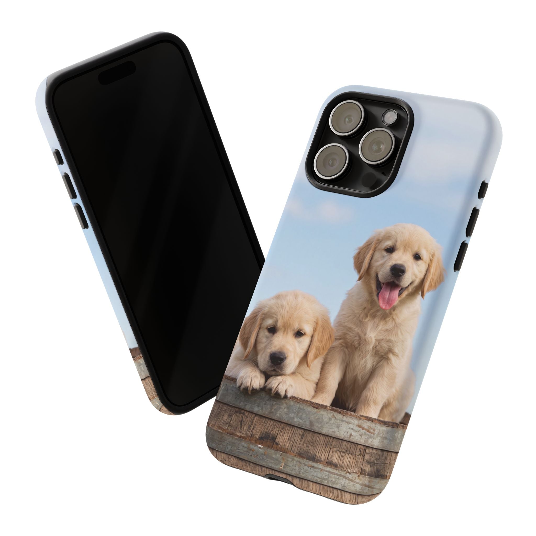 Golden Retriever Puppies on Barrel Phone Case | Cute Duo Under Blue Sky | iPhone & Samsung