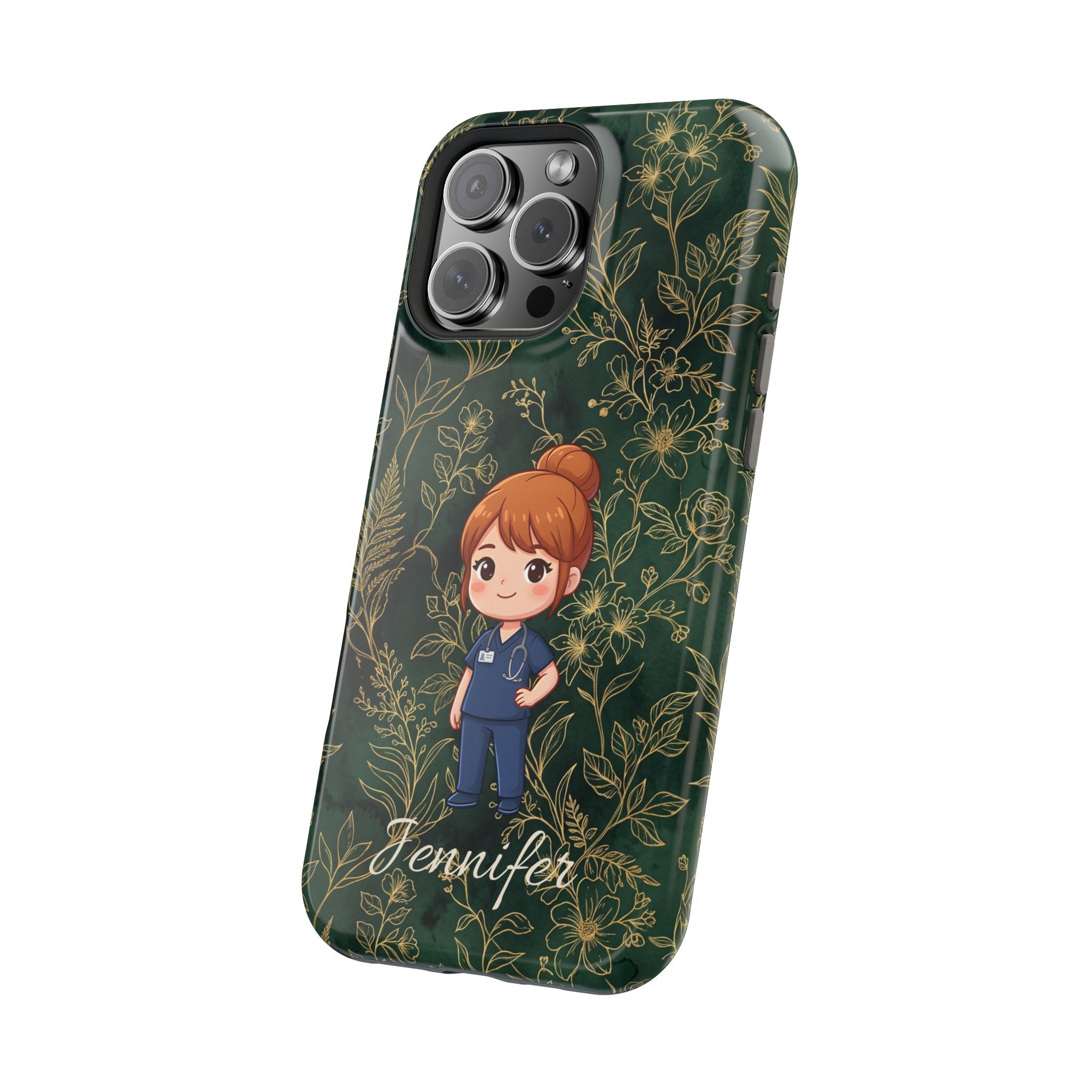 Personalized Nurse Botanical Phone Case — Impact-Resistant Wireless Charging Cover