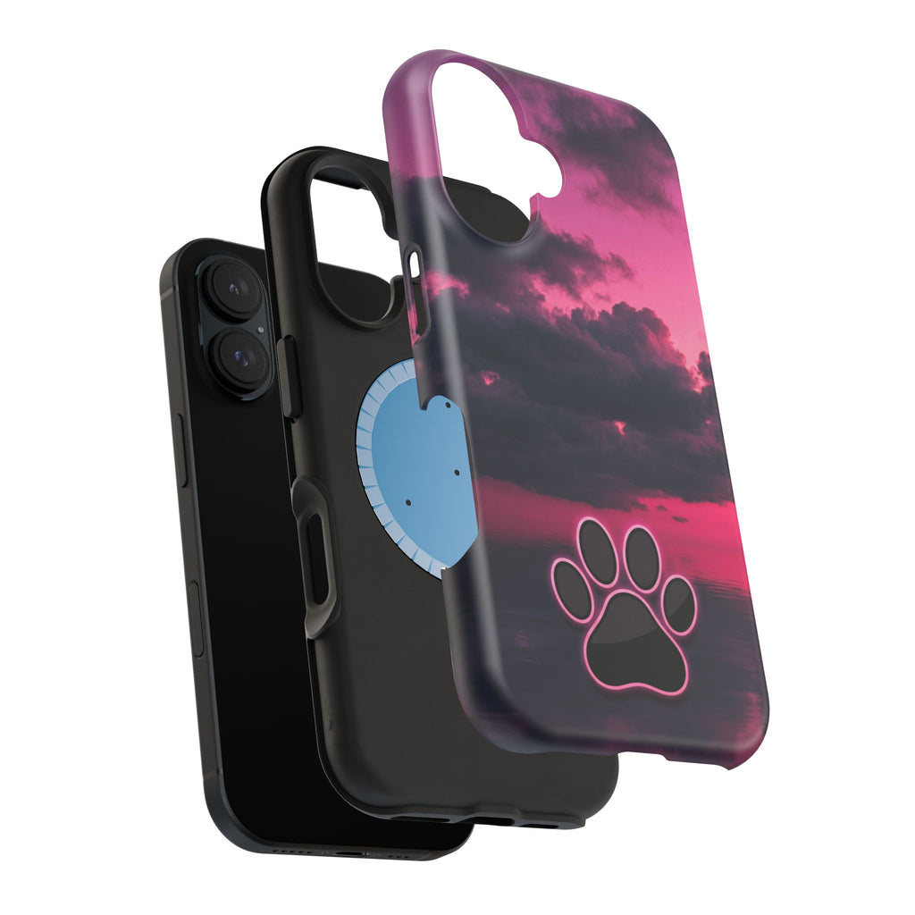 iPhone & Samsung Magnetic Impact-Resistant Phone Case — Pink Twilight Cloud with Paw Print