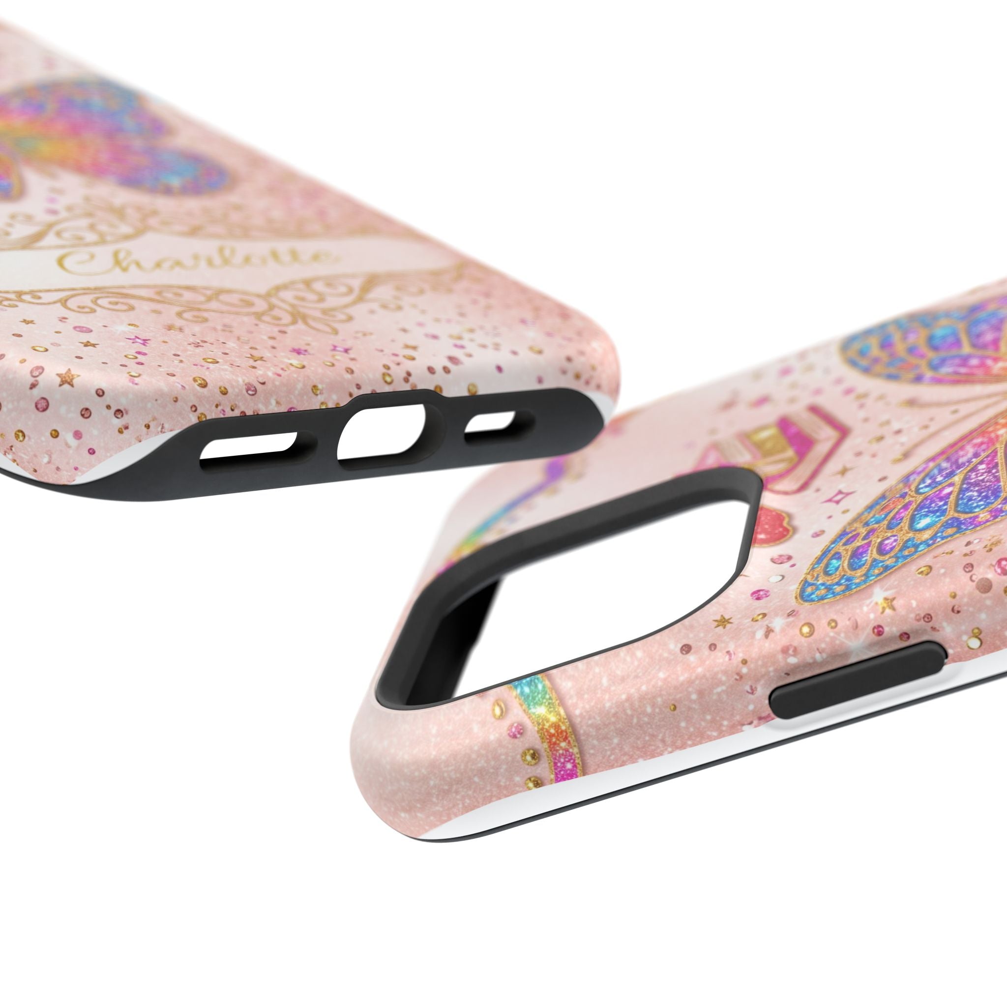 Blush Glitter Butterfly Personalized Teacher Phone Case — Wireless Charging Cover