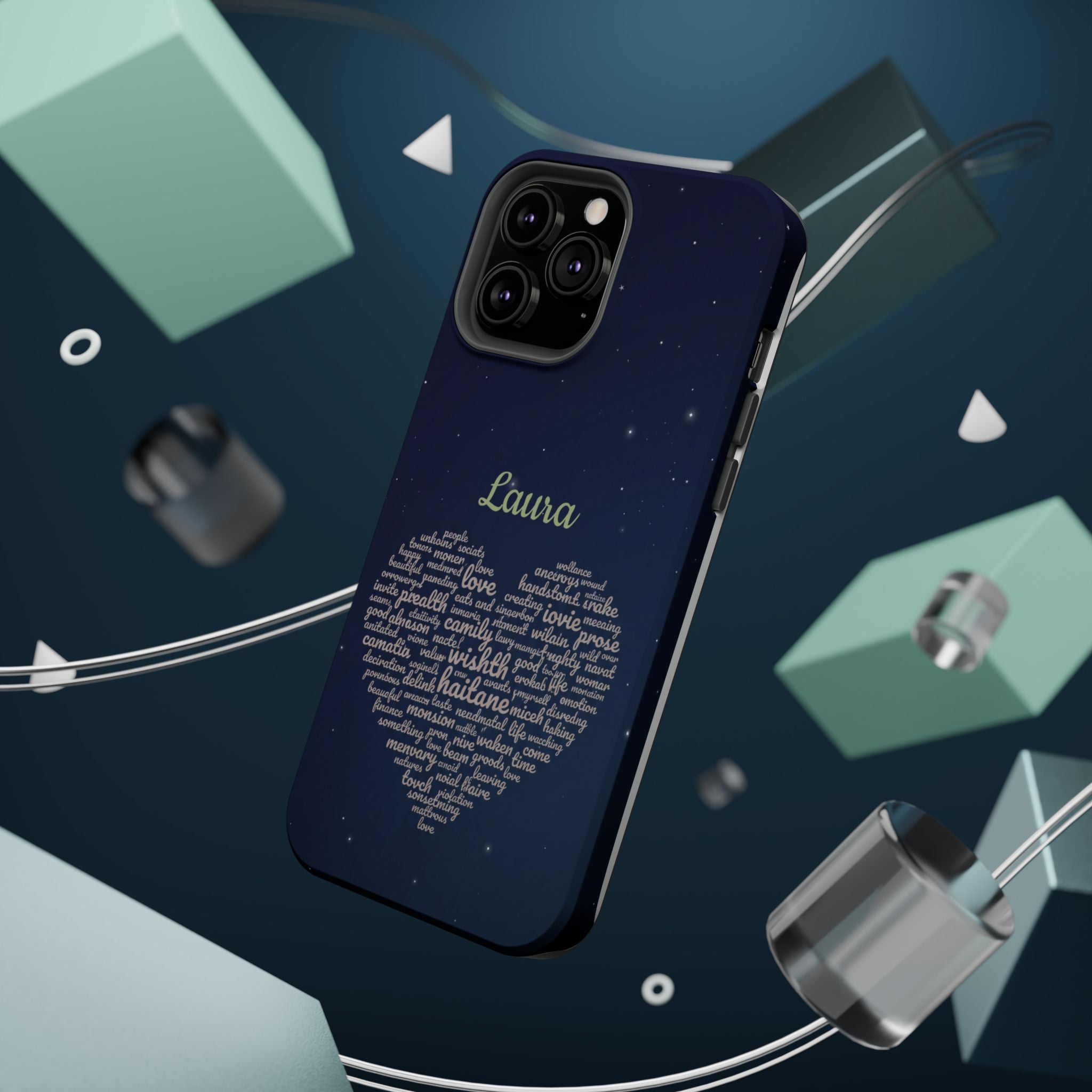 Personalized Teacher Heart Word Art Phone Case — Navy Wireless Charging Cover
