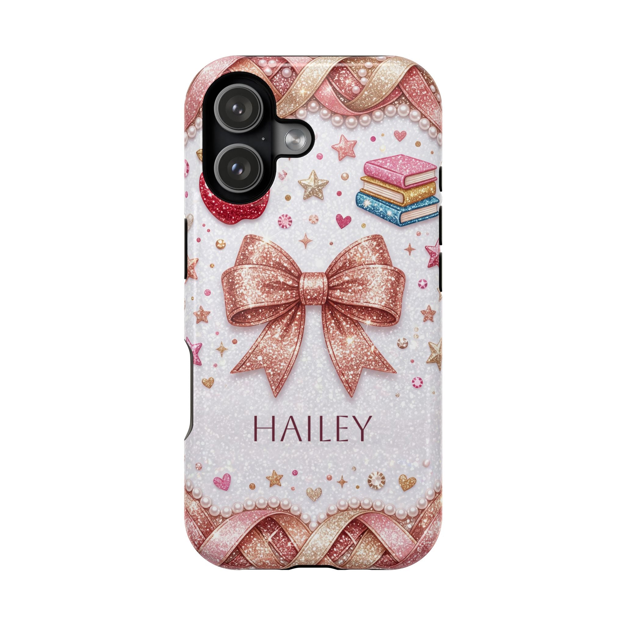 Rose Gold Glitter Bow Personalized Teacher Phone Case — Wireless Charging Cover