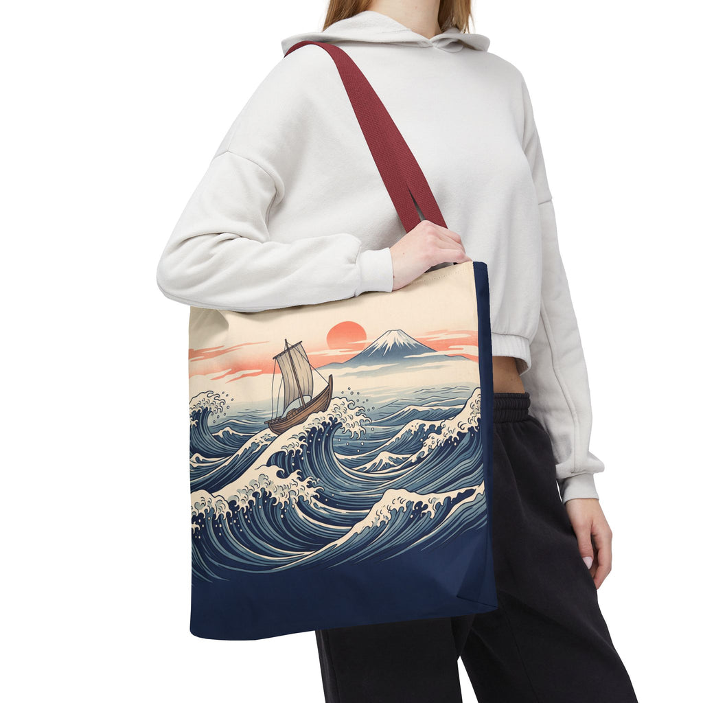 Japanese Wave Sailboat Tote Bag – Woodblock Style Ocean Beach Bag