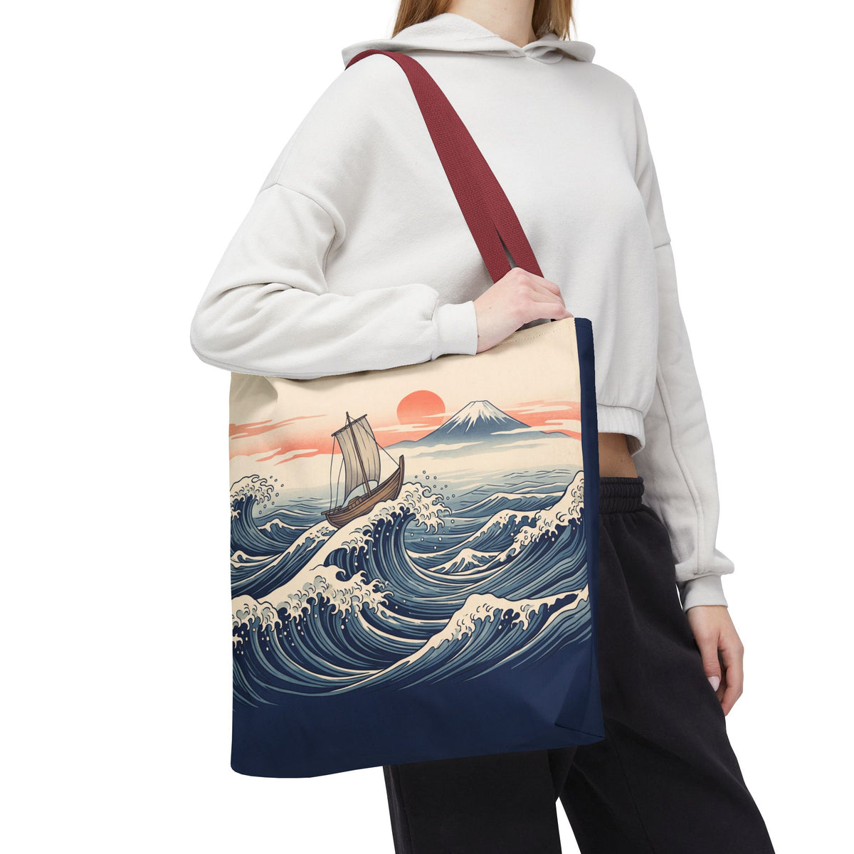 Japanese Wave Sailboat Tote Bag – Woodblock Style Ocean Beach Bag