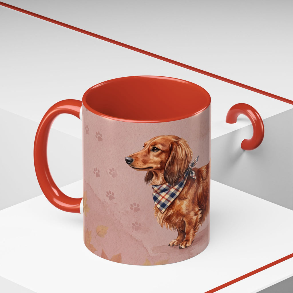 Dachshund Lover Mug | Long-Haired Wiener Dog with Plaid Bandana, Dusty Rose Watercolor Dog Gift