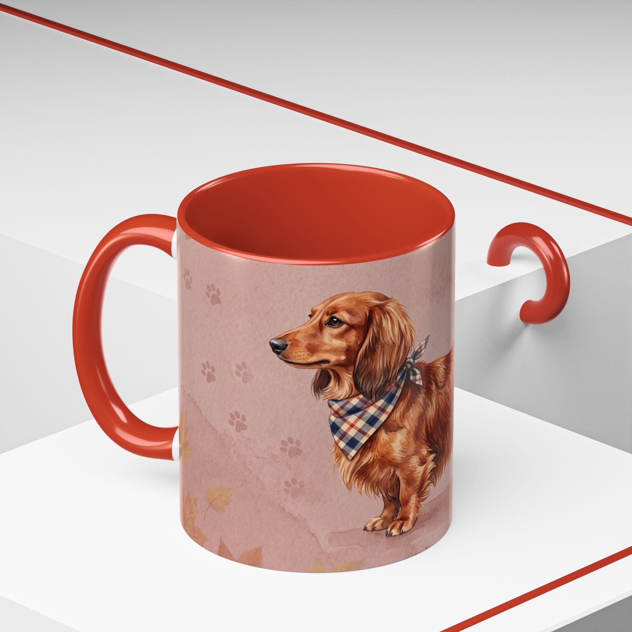 Dachshund Lover Mug | Long-Haired Wiener Dog with Plaid Bandana, Dusty Rose Watercolor Dog Gift