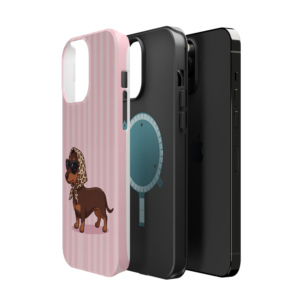 Glam Dachshund Phone Case | Cute Sausage Dog in Leopard Scarf & Sunglasses | Pink Stripe Case for iPhone & Samsung