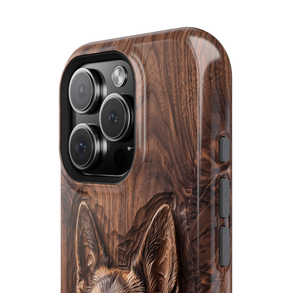 German Shepherd Phone Case | Carved Walnut Art — Tough Magnetic Case with Wireless Charging