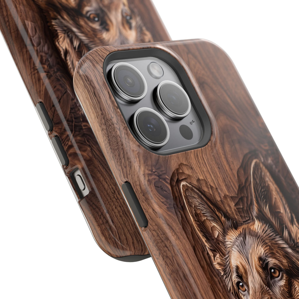 German Shepherd Phone Case | Carved Walnut Art — Tough Magnetic Case with Wireless Charging