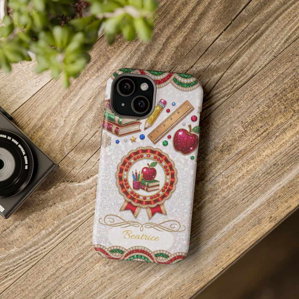 Jeweled Apple Medallion Personalized Teacher Phone Case — Wireless Charging Cover