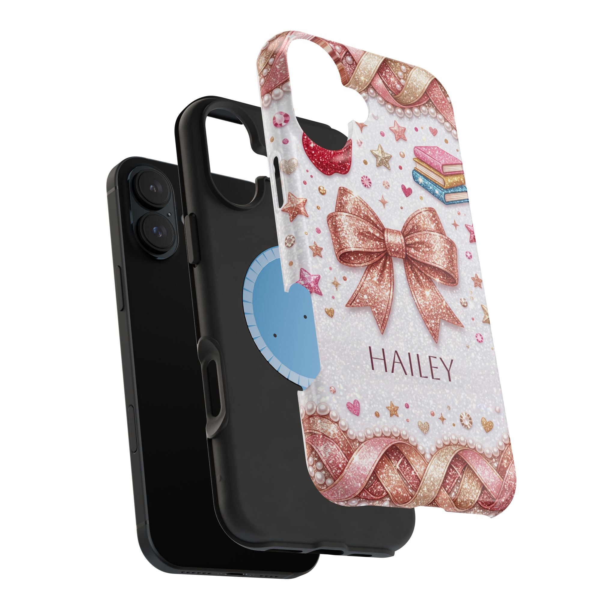 Rose Gold Glitter Bow Personalized Teacher Phone Case — Wireless Charging Cover