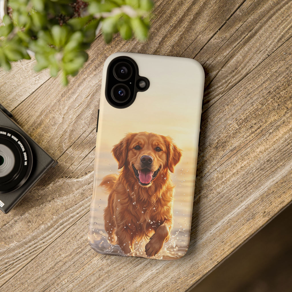 Golden Retriever Splashing in Water Phone Case | Joyful Dog at Golden Hour | iPhone & Samsung