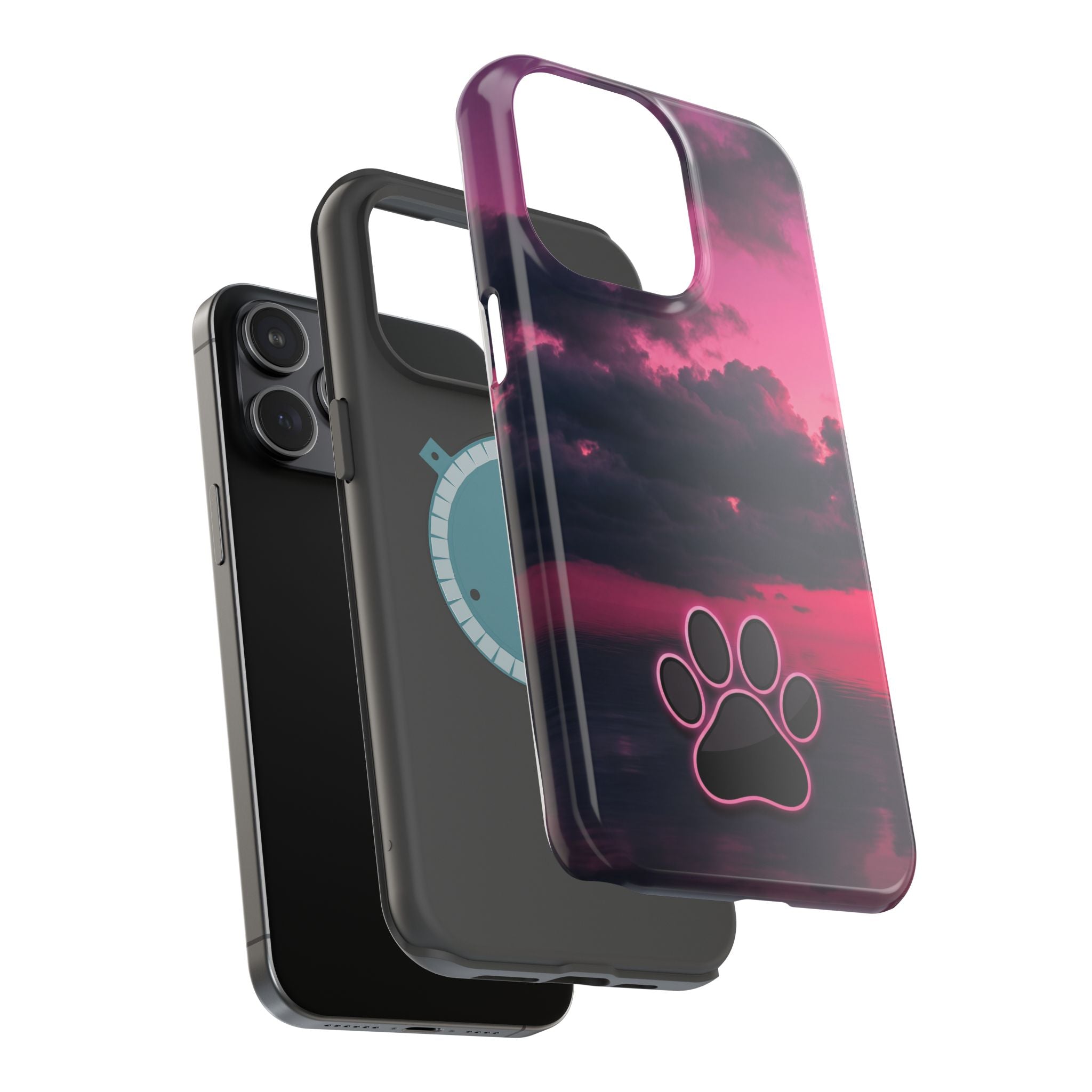 iPhone & Samsung Magnetic Impact-Resistant Phone Case — Pink Twilight Cloud with Paw Print