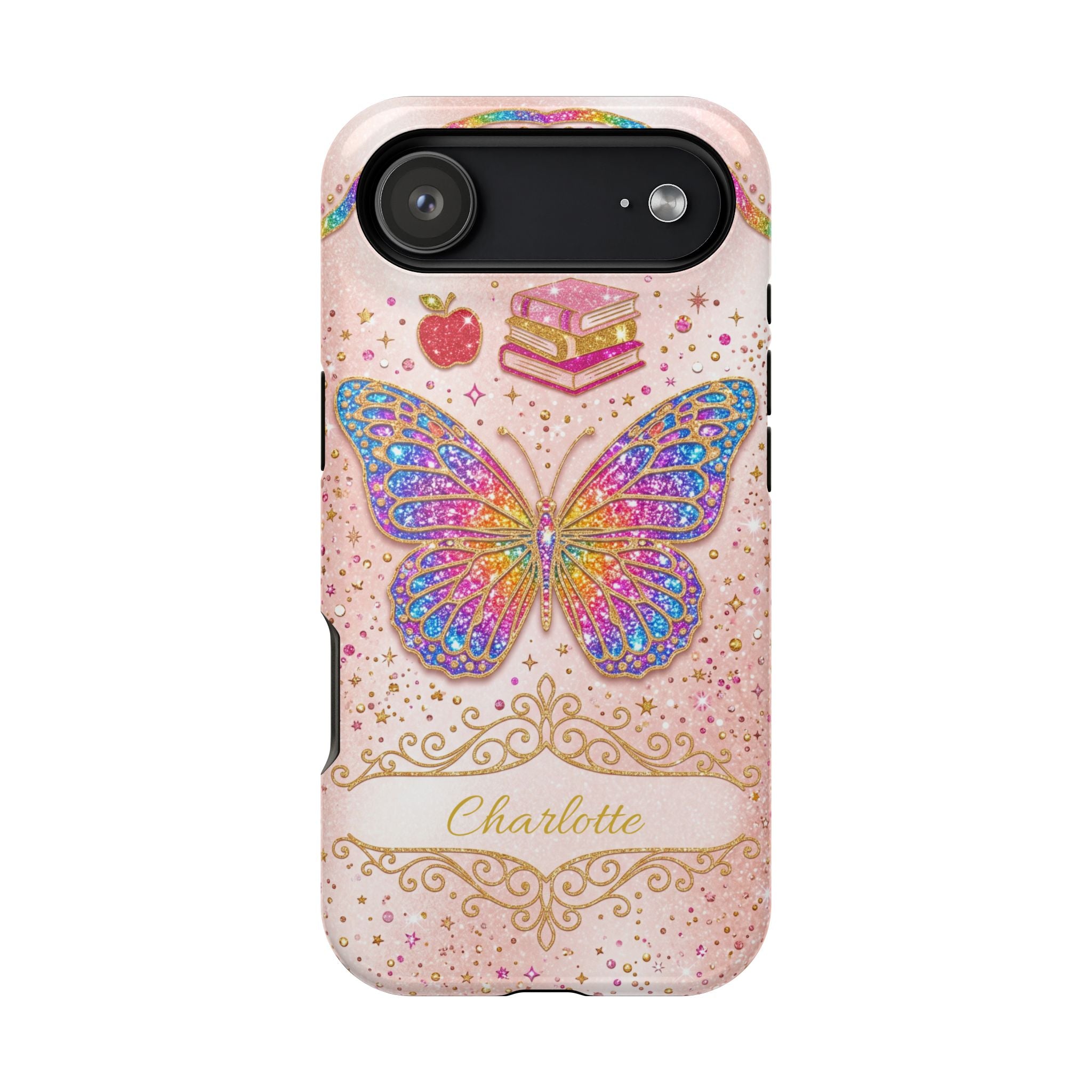 Blush Glitter Butterfly Personalized Teacher Phone Case — Wireless Charging Cover