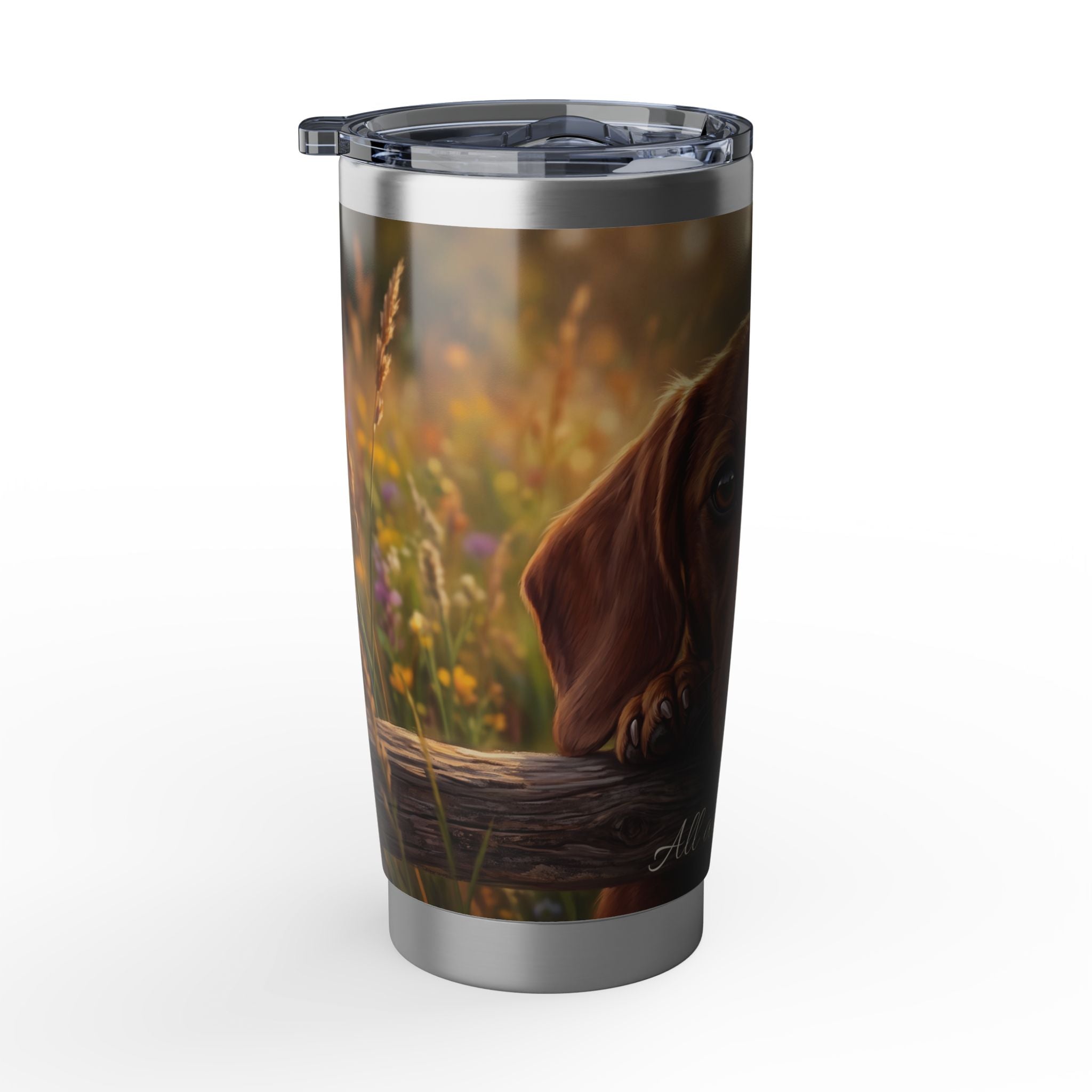 Dachshund Tumbler Personalized – 20 oz Stainless Steel Travel Mug with Custom Name, Golden Meadow Design