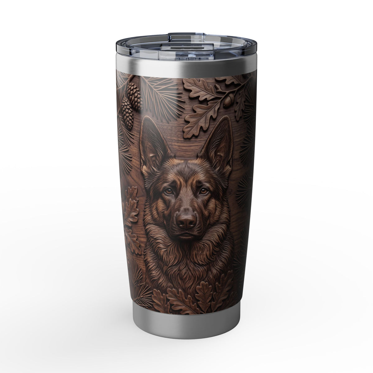 German Shepherd Tumbler | Carved Wood Art — 20 oz Stainless Travel Mug
