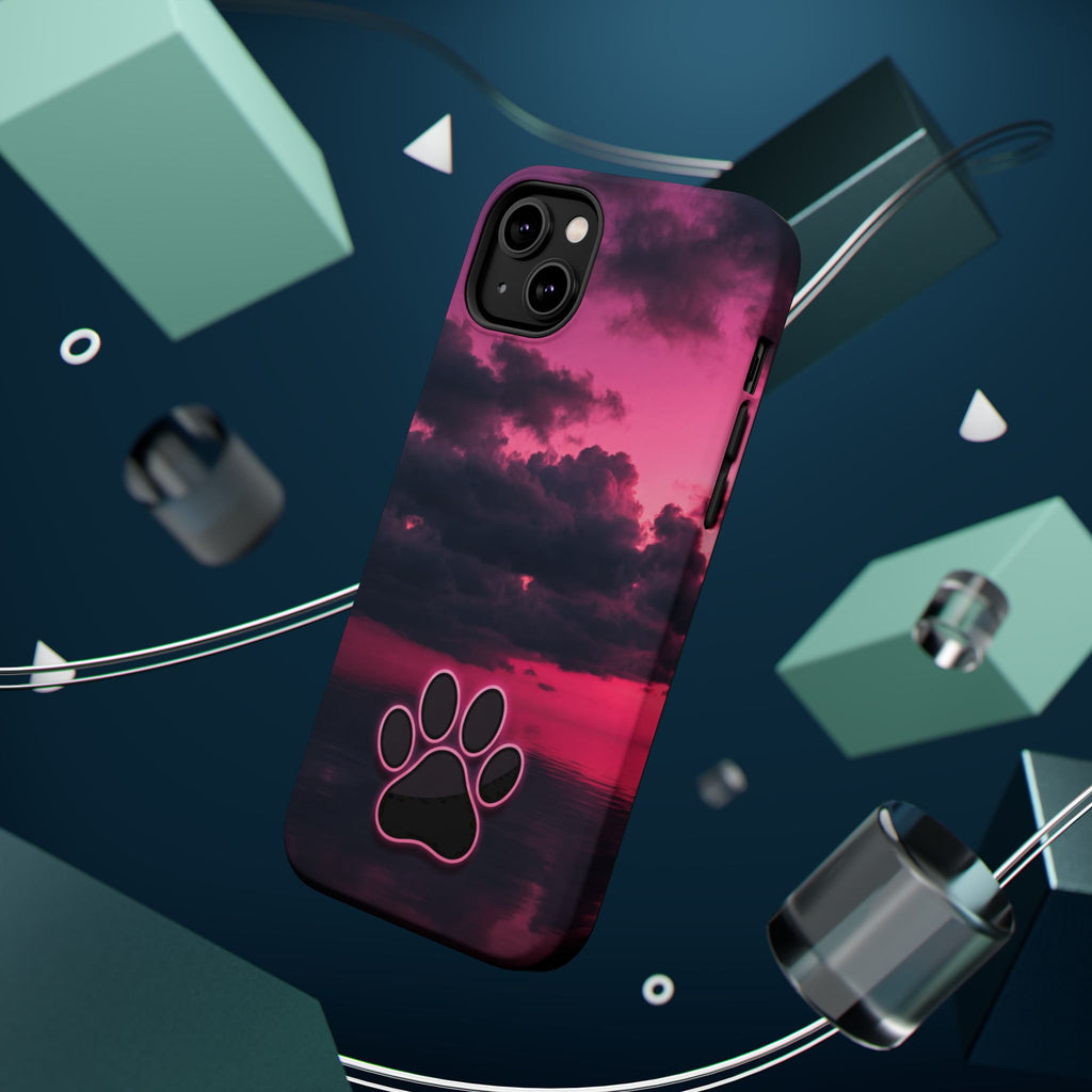 iPhone & Samsung Magnetic Impact-Resistant Phone Case — Pink Twilight Cloud with Paw Print
